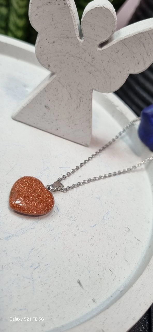 گردنبند استیل و پلاک سنگ قلب دلربا قهوه ای