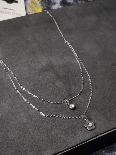 گردنبند استیل دو لاین نقره ای تک نگین گل