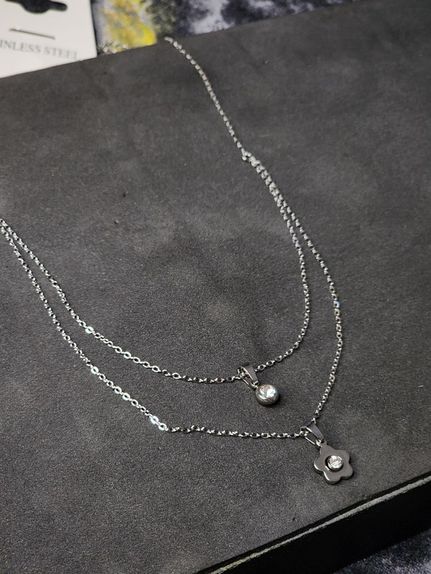 گردنبند استیل دو لاین نقره ای تک نگین گل