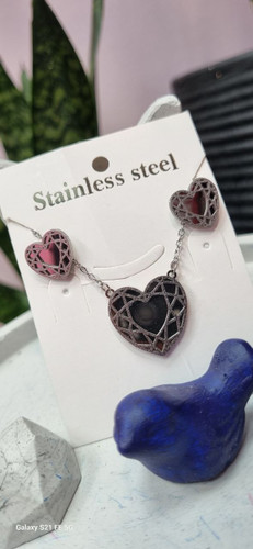 نیم ست استیل نقره ای قلب سه بعدی