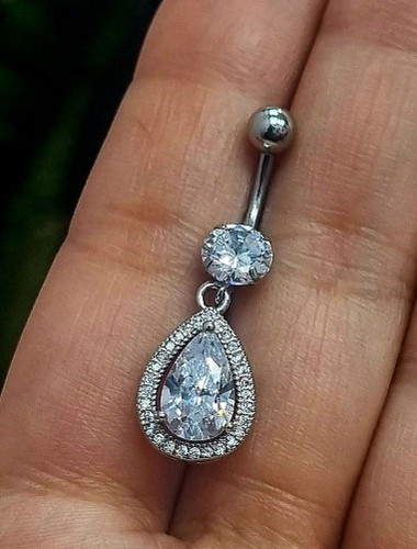 پرسینگ ناف تک نگین و آویز اشک آبکاری نقره