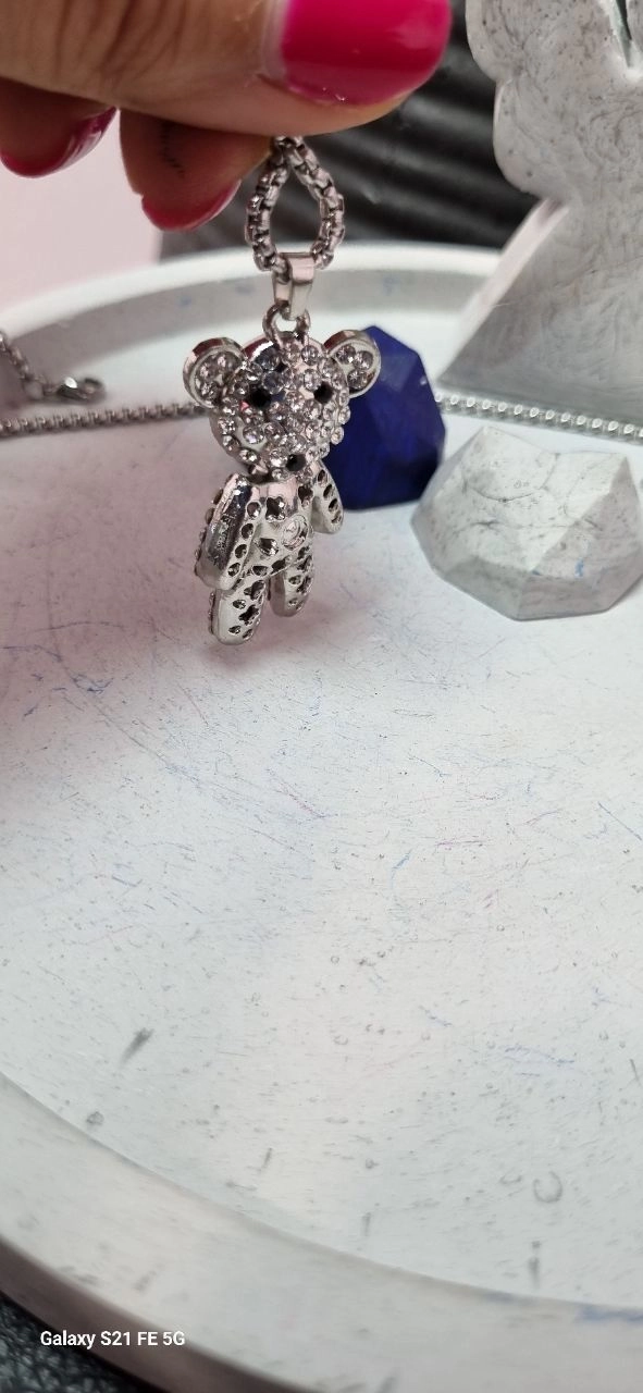 گردنبند استیل نقره ای تدی متحرک نگین دار