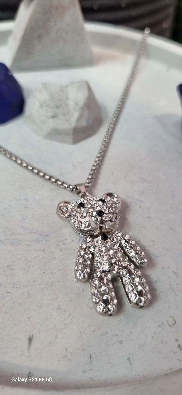 گردنبند استیل نقره ای تدی متحرک نگین دار