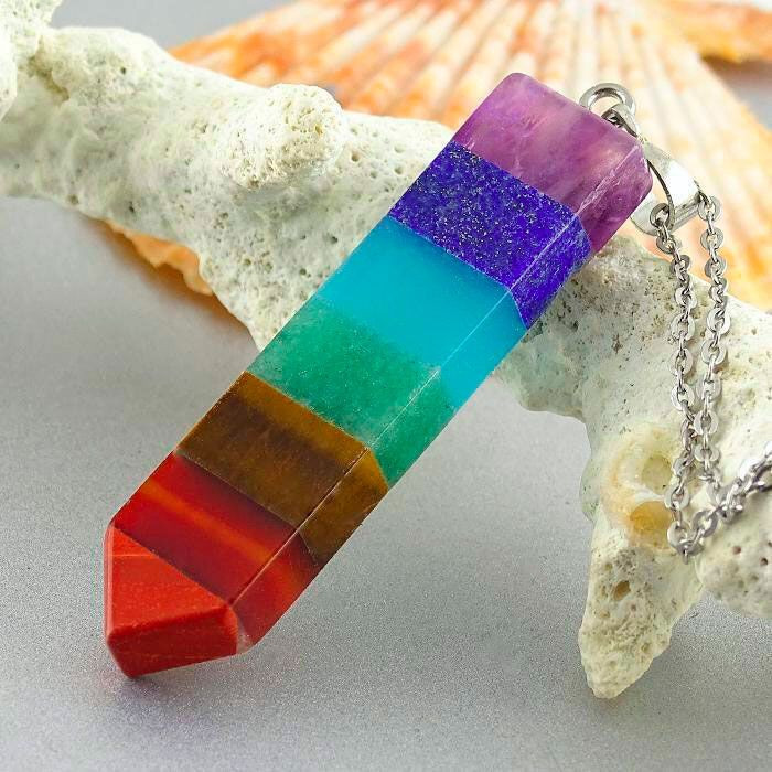 گردنبند استیل با آویز سنگ هفت چاکراه