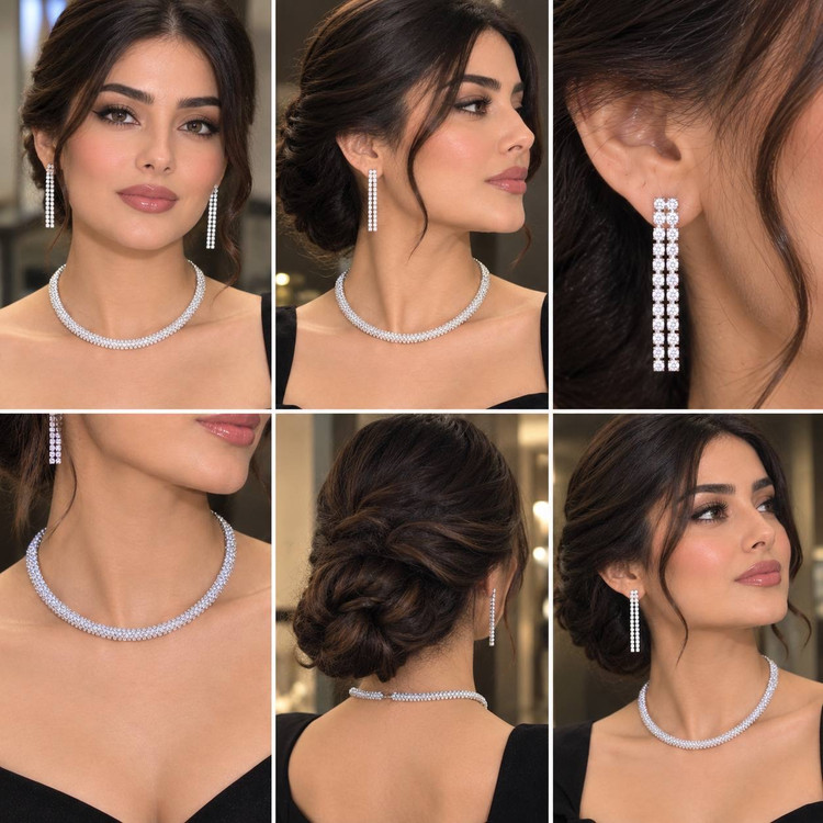 نیم ست گردنبند و گوشواره جواهری نقره ای